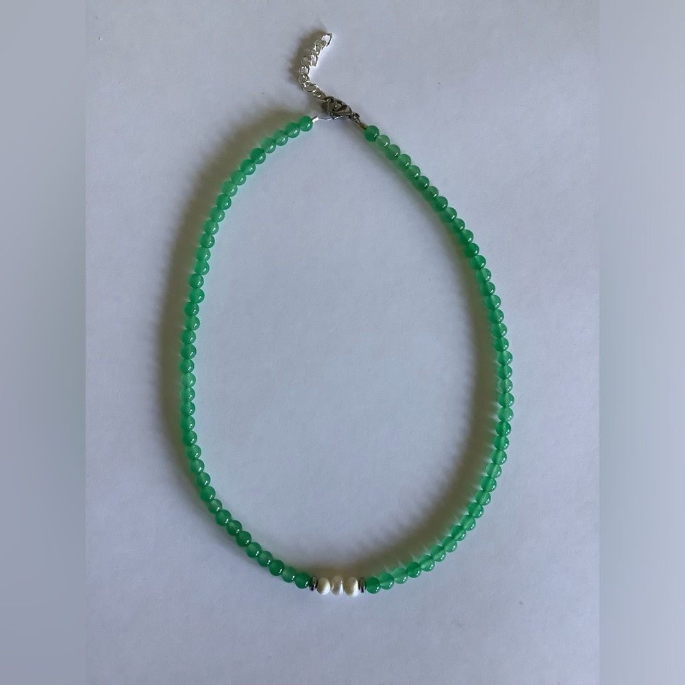 Beaded necklace aventurine and pearl handmade 15”